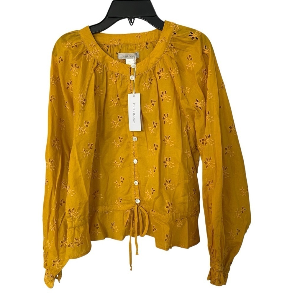 OuterKnown Women’s Mustard Yellow Long Sleeve Floral Eyelet Poet Blouse Sz S NWT